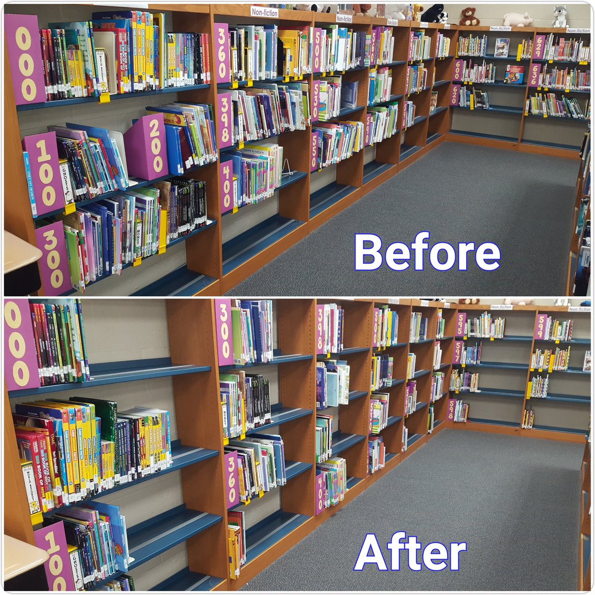Dr_Booklove's tweet photo. Another project complete!
Before: Our book shelves were too full, and @BlytheBower students were struggling to find books.
After: Students say it's much easier to find the book they want. Plus, it's more visually appealing. Win-win!
#BBBam #librarylife @clevecityschool https://t.co/e2eaqem0lU