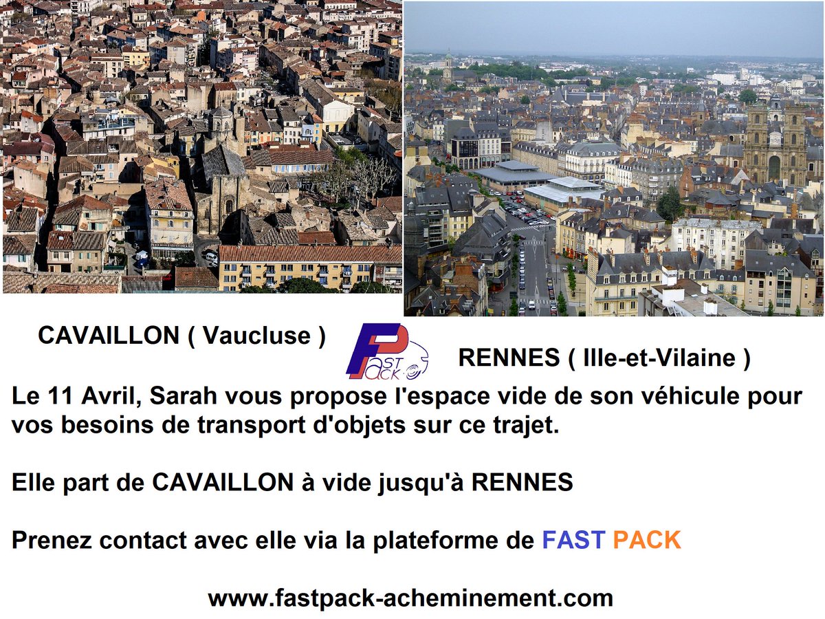 Sarah notre FASTEUR, vous propose l'espace vide de son véhicule. 
Elle part en BRETAGNE le 11 avril 
Pourquoi ne pas remplir son coffre par des objets, de la marchandise ou des colis que vous auriez besoin de faire acheminer sur ce trajet ?

Un bon moyen de faire des économies