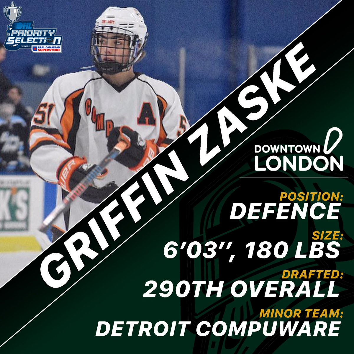 London Knights (@londonknights) on Twitter photo With the 290th overall pick in the 2019 OHL Priority Selection powered locally by <a href="/downtownlondon/">Matthias Benirschke</a>, the London Knights are proud to select, D, Griffin Zaske from Detroit Compuware. With the 290th overall pick in the 2019 OHL Priority Selection powered locally by <a href="/downtownlondon/">Matthias Benirschke</a>, the London Knights are proud to select, D, Griffin Zaske from Detroit Compuware.