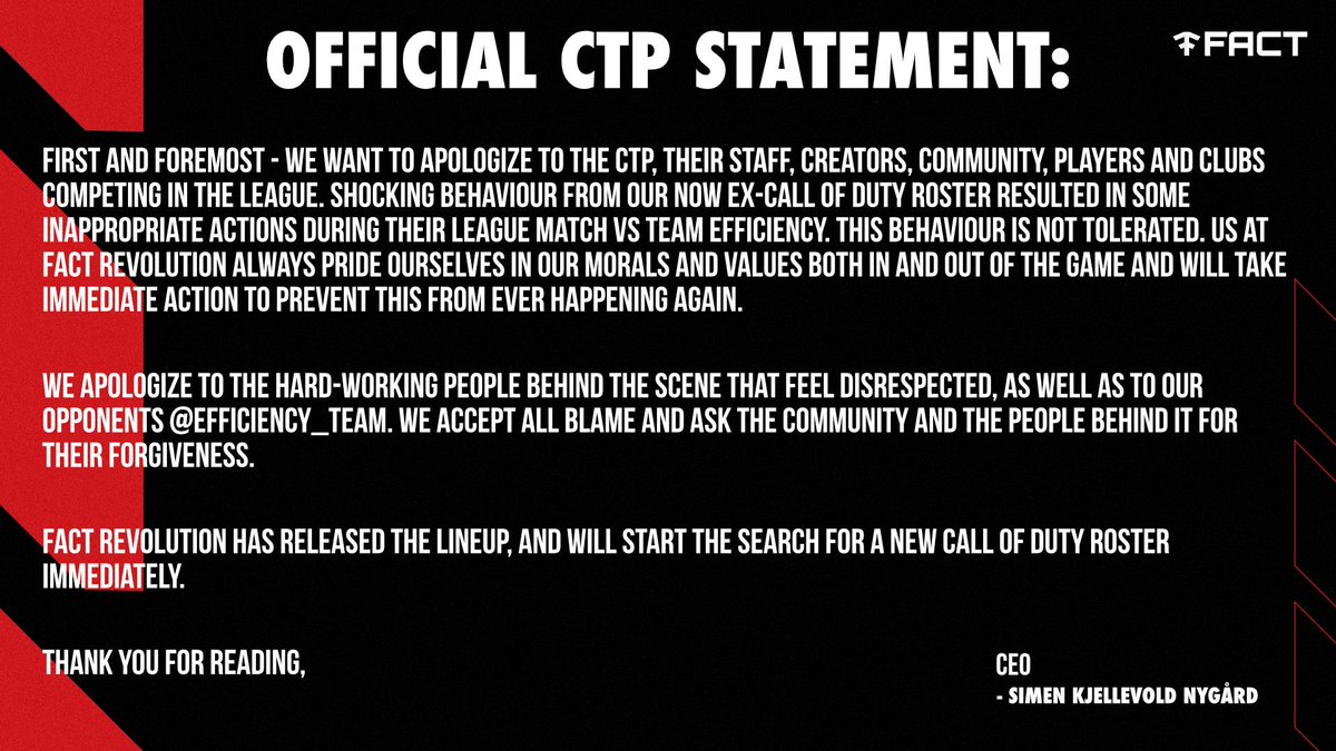 🇬🇧 Official Statement regarding the <a href="/CTPCoD/">CTP Call of Duty</a> situation that occurred earlier today in our match vs <a href="/Efficiency_team/">EFFICIENCY Team ®</a>. Thank you for taking the time to read.

🇪🇸 "Declaración oficial sobre la situación de <a href="/CTPCoD/">CTP Call of Duty</a> que ocurrió antes hoy. Gracias por tomarse el tiempo para leer"

⬇️⬇️