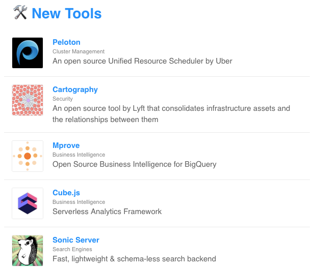 stackshareio's tweet image. 🗞 ICYMI (latest weekly newsletter)

🛠 New Tools: 

1. #Peloton by @UberEng 
2. #Cartography by @lyfteng 
3. #Mprove
4. @thecubejs 
5. #Sonic by @valeriansaliou 

Subscribe 👉 bit.ly/2PQYBKQ