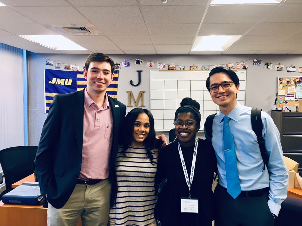 Today, MUSGA President Anthony D’Andrea and Senator Mariah Allen had the opportunity to meet with @JMU_sga President Aaliyah McLean and Speaker Matthew Hershberger at JMU! It’s always a pleasure to meet with students who share the same passion of working for students.