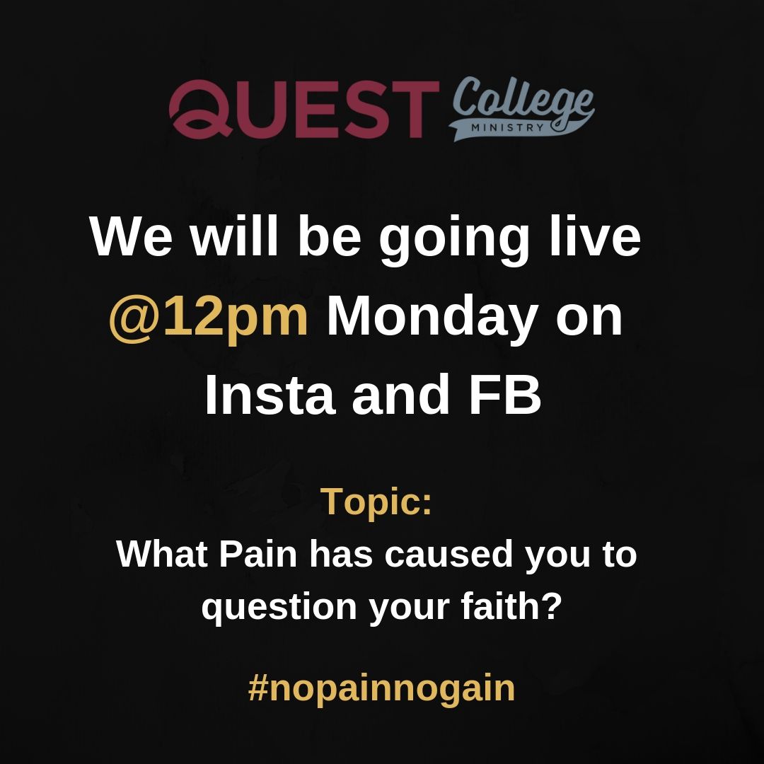 questcollegemin's tweet photo. We'll be live on social media Monday @ 12pm! If you have any questions or stories to share, you can now do it live with us! Stay tuned! 
*
#pain #faith #truth #talk #nopainnogain  #faithisfree #keepthefaith #gain #God #grace #lessons #love #Godslove #questcollegemin #4RStudents https://t.co/hAySNEoRUt