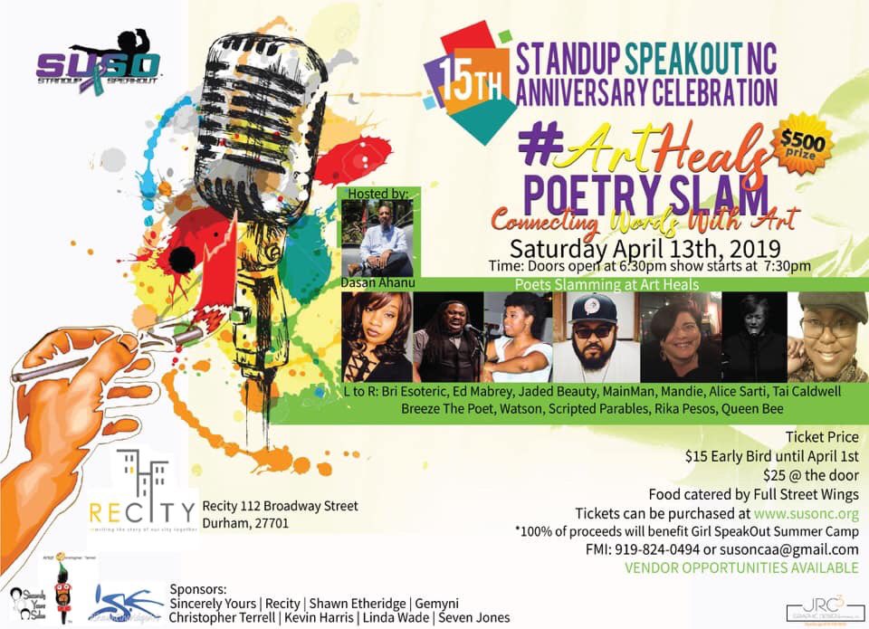 SUSONC's tweet photo. We are just 7 days away from #artheals2019 an event benefiting Girl SpeakOut Summer Camp. Come out and enjoy the poets, music, and art work @recitynetwork celebrating 15 years! #susonc https://t.co/CLWAElwiPg
