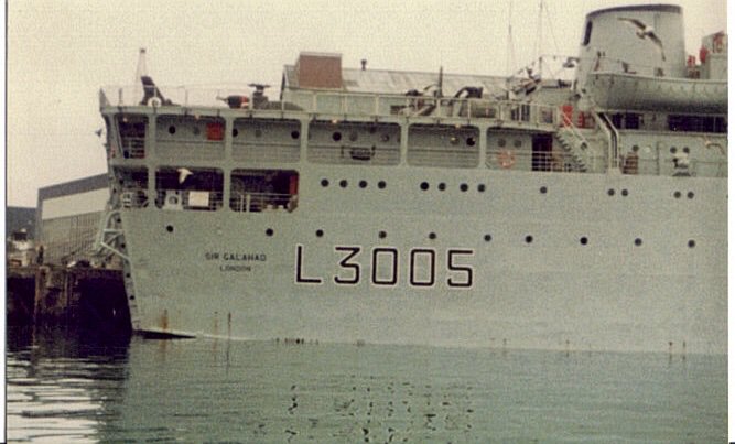 RFA Sir Galahad embarking stores in Plymouth on 6th April. She left later that day with 350 Royal Marines. On 8th June, she was attacked by three Argentine A-4 Skyhawks in Bluff Cove. 48 were killed. I’ll tell that full story when we get to June 8th.