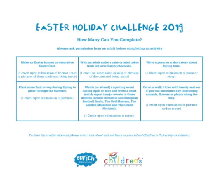 HolySpiritWA9's tweet photo. Why not have a go at these Easter Challenges for extra Children's University credits? π Return any completed entries to Miss Green on the first week back βΊπ¨βππ©βπβ @CU_Sthelens #ChildrensUniversity #EasterChallenges #Extracredits https://t.co/HJYAuQyhqb