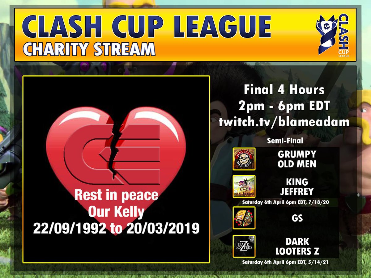 CLASH CUP LEAGUE
The Final 4 hours of the Semi Finals on Sunday 7th April we will be fund raising for the Dutch Cancer Research Charity KWF Kankerbestrijding and remembering a beloved Clasher, Kelly from Code Enigma.  Please come by to support the wars and this great cause.