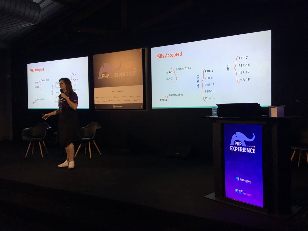 marcelgsantos's tweet image. A @meryDutra apresentando a sua palestra &apos;Precisamos seguir padrões?&apos; no #PhpExperience no @iMasters. Ela falou sobre o FIG, as PSRs e sobre a importância de padrões. #php #phpsp #phpx2019