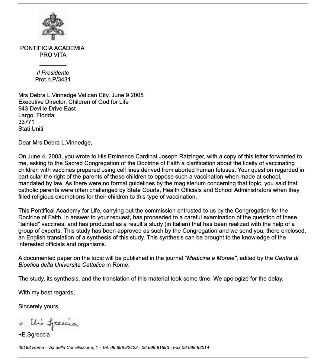 Two Years Later, The Vatican Replied To Vinnedge's Letter.