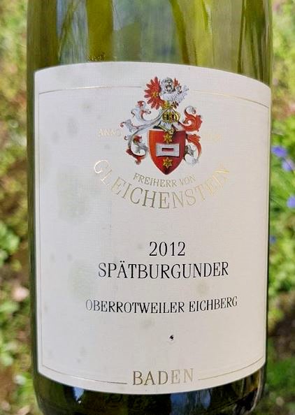 2012er Spätburgunder Weingut Freiherr von Gleichenstein- Baden

Aromen von Cassis, Kirsche, Himbeere und Nelken, macht Spaß.