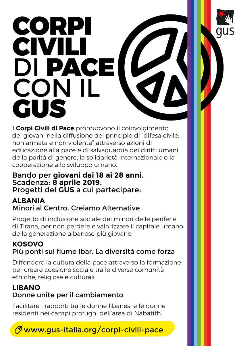 mancano pochissimi giorni alla scadenza delle domande dei #corpicivilidipace 8 APRILE con il @gus_italia in #albania #Kosovo #libano è una esperienza importante per i #giovani dai 18 ai 28 anni @AOIcooperazione @COCISOnlus @KosovoinItalia @AlbNews @ItalyinALB @AlEmbassyItaly