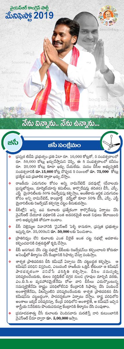VoteYSRCP's tweet photo. వైఎస్సార్‌ కాంగ్రెస్‌ పార్టీ మేనిఫెస్టో 2019: బీసీ సంక్షేమం. https://t.co/JJYZ8VEbXE