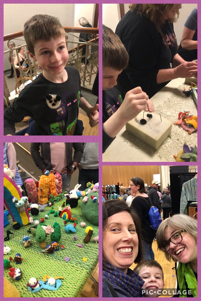 schoollibrarian's tweet photo. #yarncon Liam conned me into starting felting after he made his own panda pin! Guess who we ran into ⁦@WoolPierogi⁩ https://t.co/qLVOSpOfby