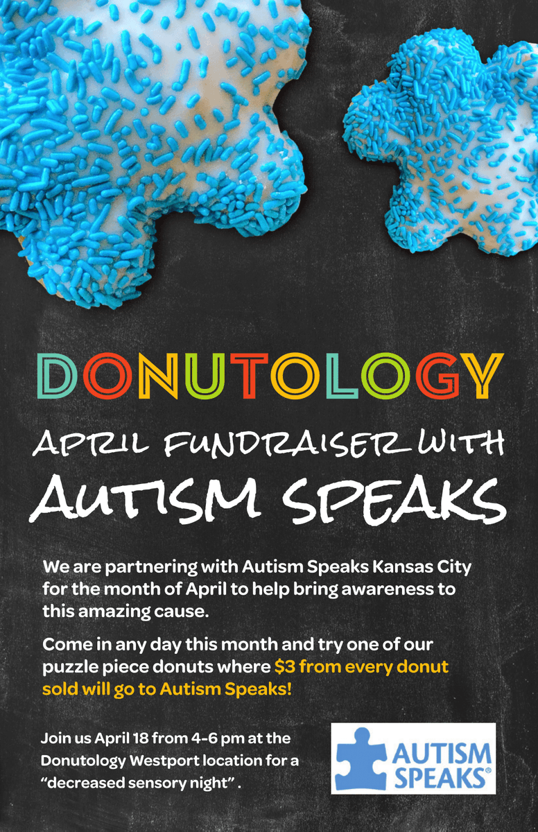 donutologykc's tweet photo. April is World Autism Awareness Month and we've partnered with Autism Speaks to bring awareness to a worldwide cause. Every day this month, we'll have puzzle piece donuts, and $3 from every donut sold will go to Autism Speaks! #autismawareness #kansascity #kcdonuts https://t.co/PngWzqcn3o