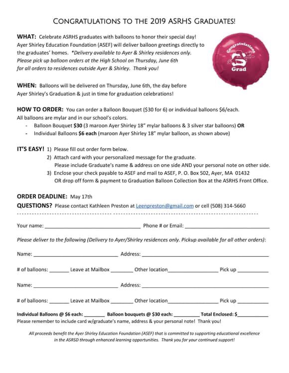 ASEdFoundation's tweet photo. ASRHS Graduation is just 2️⃣ months away!! 🎓🎉  It’s time to order graduation balloons for all of your favorite Ayer Shirley grads!!  Order now &amp; ✅ one thing off your to-do list!!  🎈🎓 Thank you for supporting ASEF.@ASRSD1 https://t.co/HcK9Y54azo