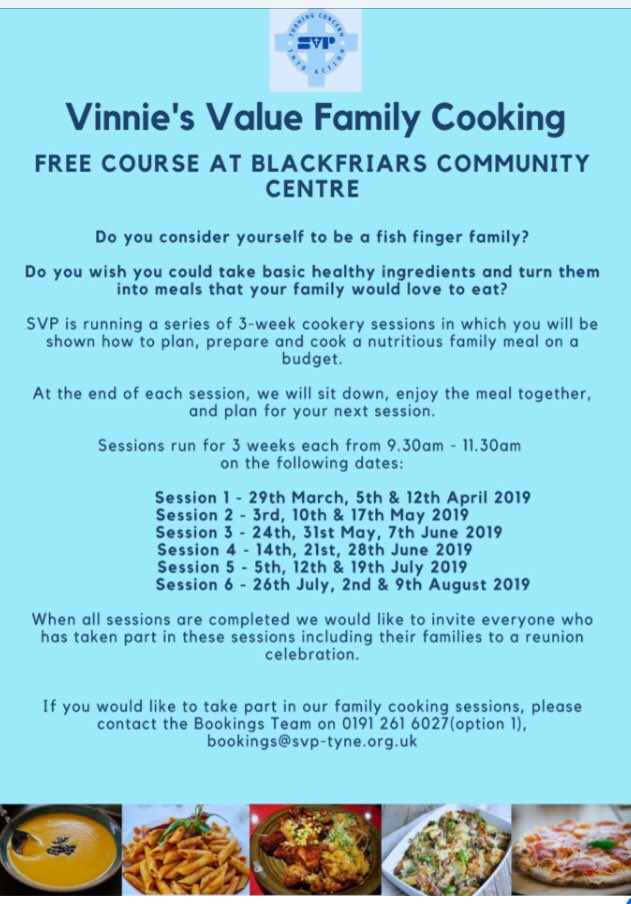 VinniesNcle's tweet photo. We are running FREE 3 week cooking sessions at Blackfriars on a Friday morning and still have dates available if you would like to get involved.
Available sessions are
1. 24th,31st May & 7th June
2. 14th,21st & 28th June
3. 5th,12th & 19th July
4. 26th July, 2nd & 9th August https://t.co/TD8GTkZwLZ