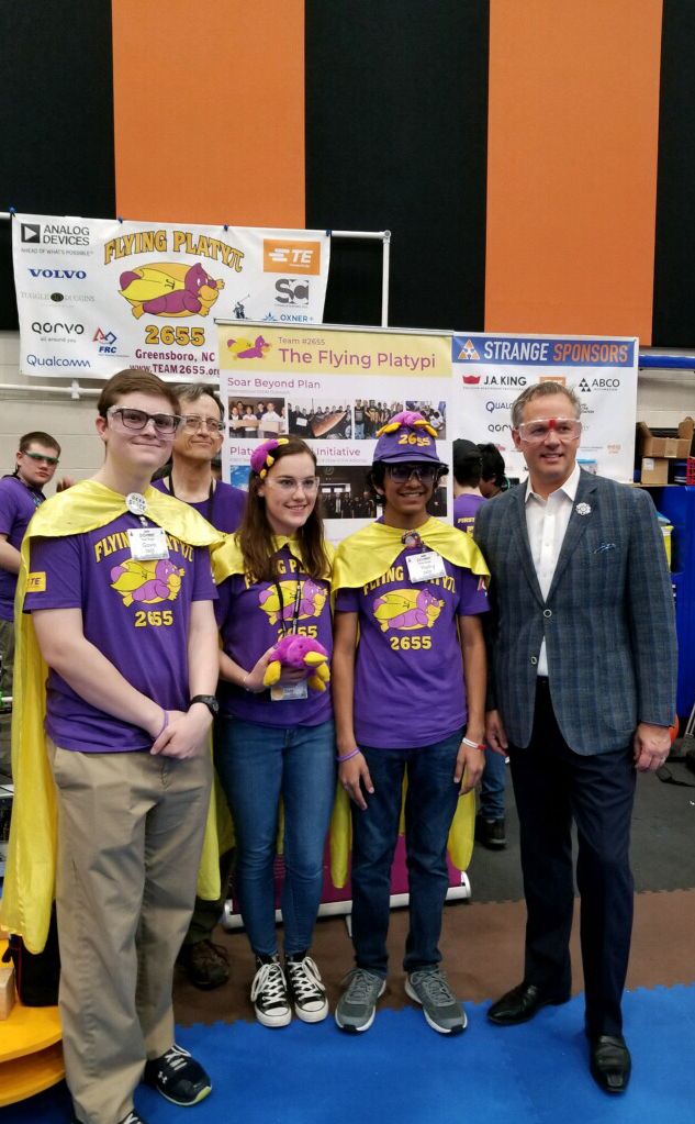 team2655's tweet photo. So excited to talk with Lieutenant Governor Forest at our NC District State Championship, supporting statewide STEAM programs! We need all the support we can get to help spread FIRST programs to our local underserved communities. ๐ค #advocacy #firstncac https://t.co/I9l2NzhzSO