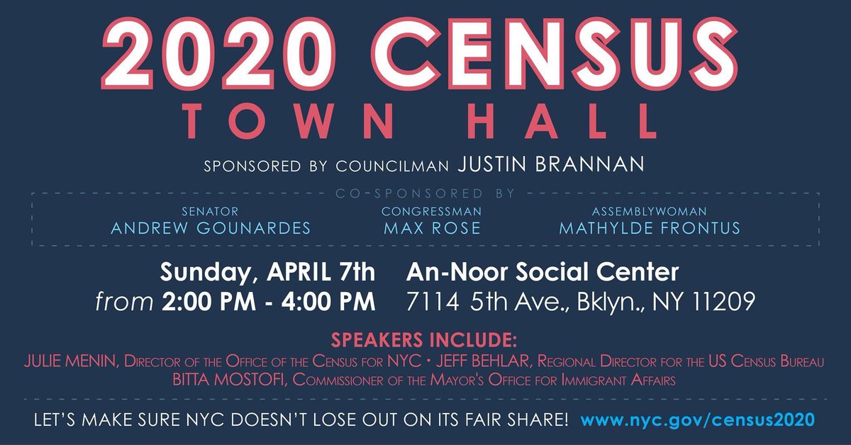 nycgov's tweet photo. TODAY! Join @NYCImmigrants, @JustinBrannan, @JulieMenin & others for a #2020Census Town Hall #inBrooklyn! An accurate count is key to maintain services New Yorkers need and influences how much political representation we get in Washington. #CountMeInNYC https://t.co/spaahenkmn