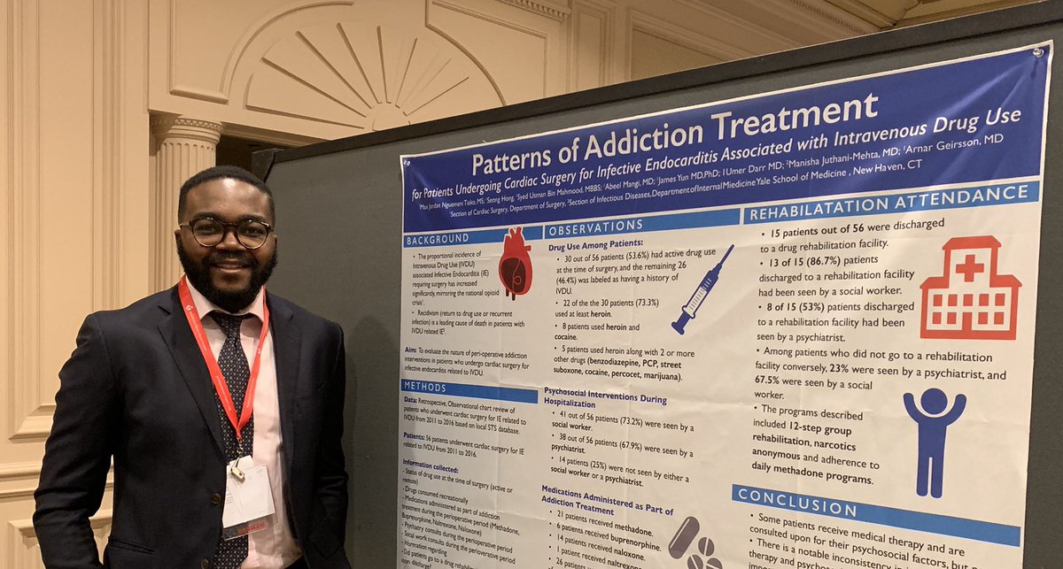 MaxJordan_N's tweet photo. Here I go, #QCOR19! what we found: psychosocial interventions and #MAT are initiated in some but not all surgical endocarditis patients with co-morbid addiction/IVDU, suggesting the need for standardized addiction Tx protocols in IVDU-IE. cc @syed_ubm @DrJuthani @ArnarGeirssonMD https://t.co/nTqWdHIv2I