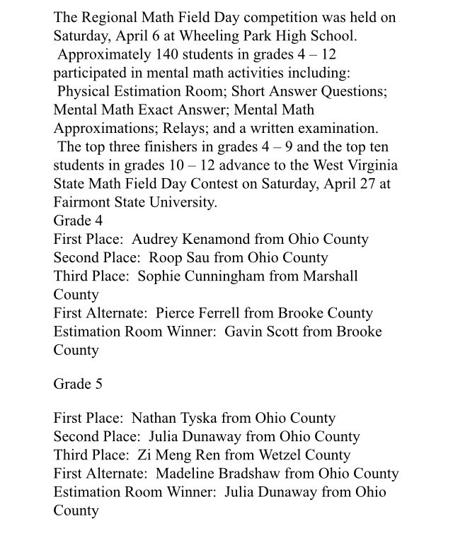 OhioCounty1's tweet image. Congratulations to Ohio County Schools students on an excellent performance in today’s Regional Math Field Day!!!
#TogetherWeAchieve 
#Math4LifeWV
#lovemyWVschool