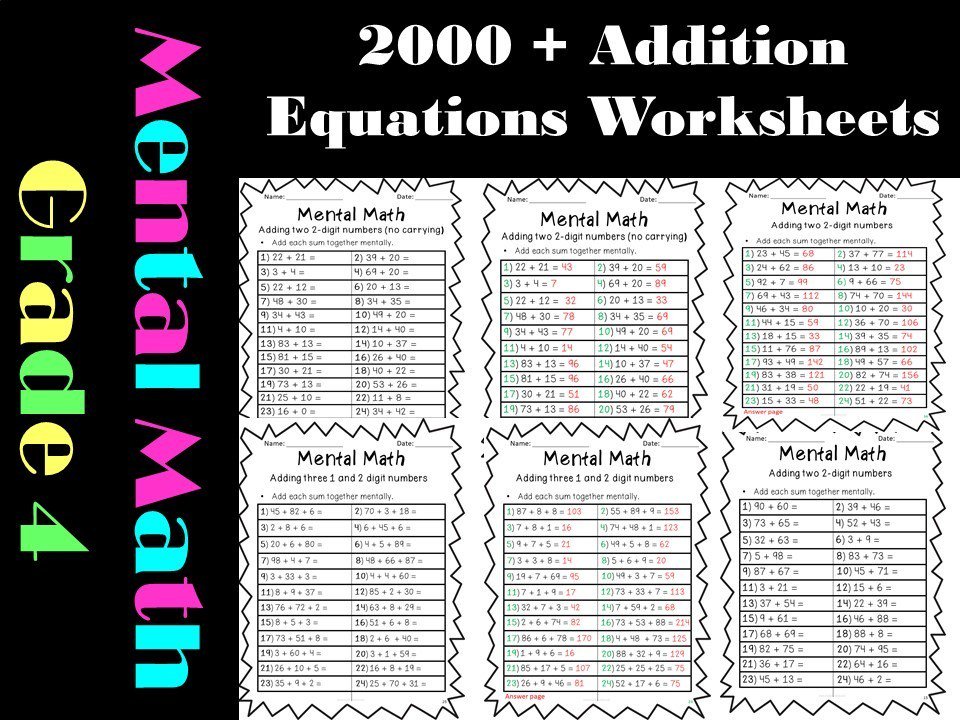 Mental math worksheets for grade 4