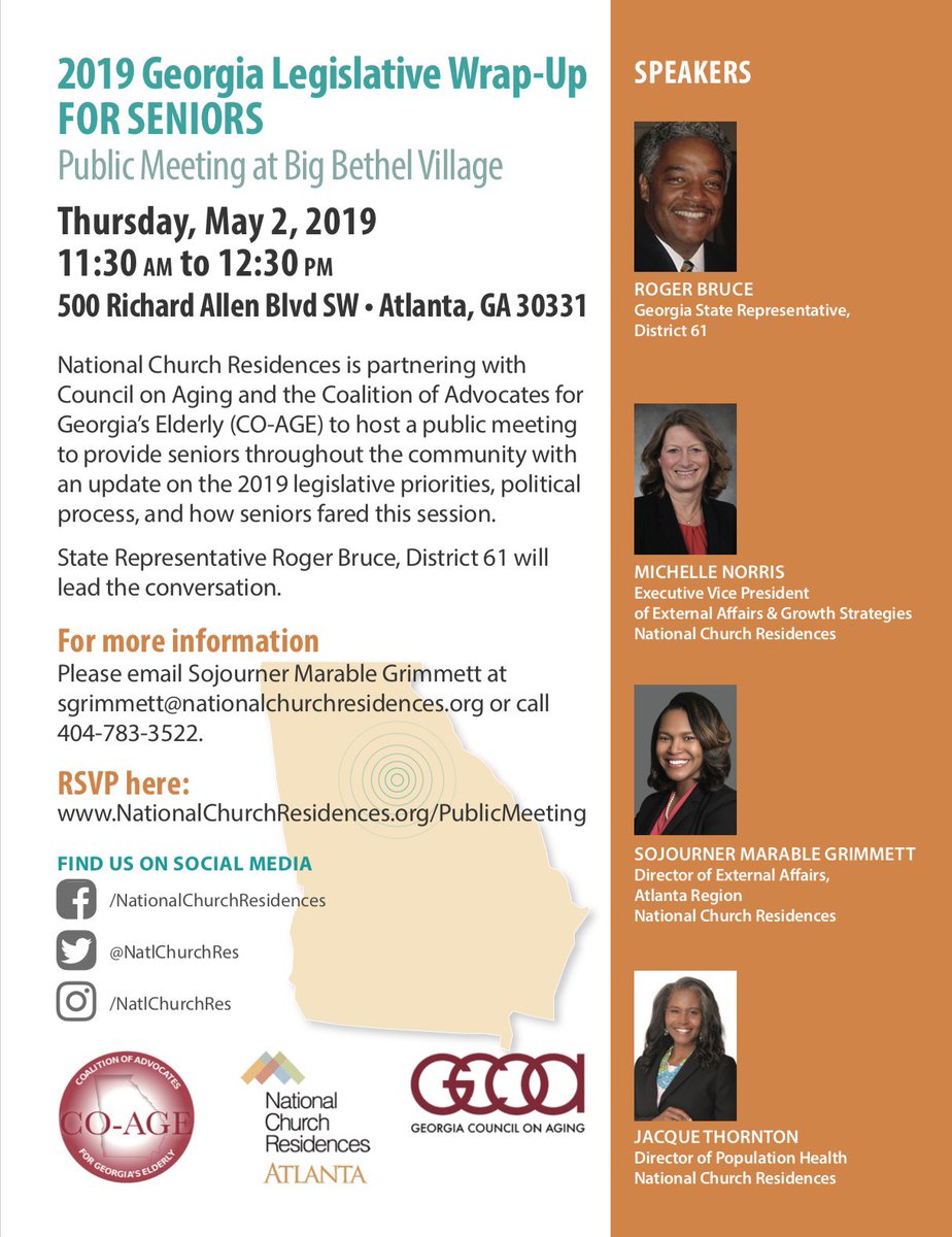 Join <a href="/NatlChurchRes/">National Church Residences</a> and <a href="/GeorgiaCOA/">GA Council on Aging</a> for the 2019 Georgia Legislative Wrap-up for Seniors Public Meeting at Big Bethel Village on Thursday, May 2, 2019 from 11:30am - 12:30pm located at Big Bethel Village, 500 Richard Allen Blvd SW, Atlanta, GA 30331.
RSVP: nationalchurchresidences.org/publicmeeting