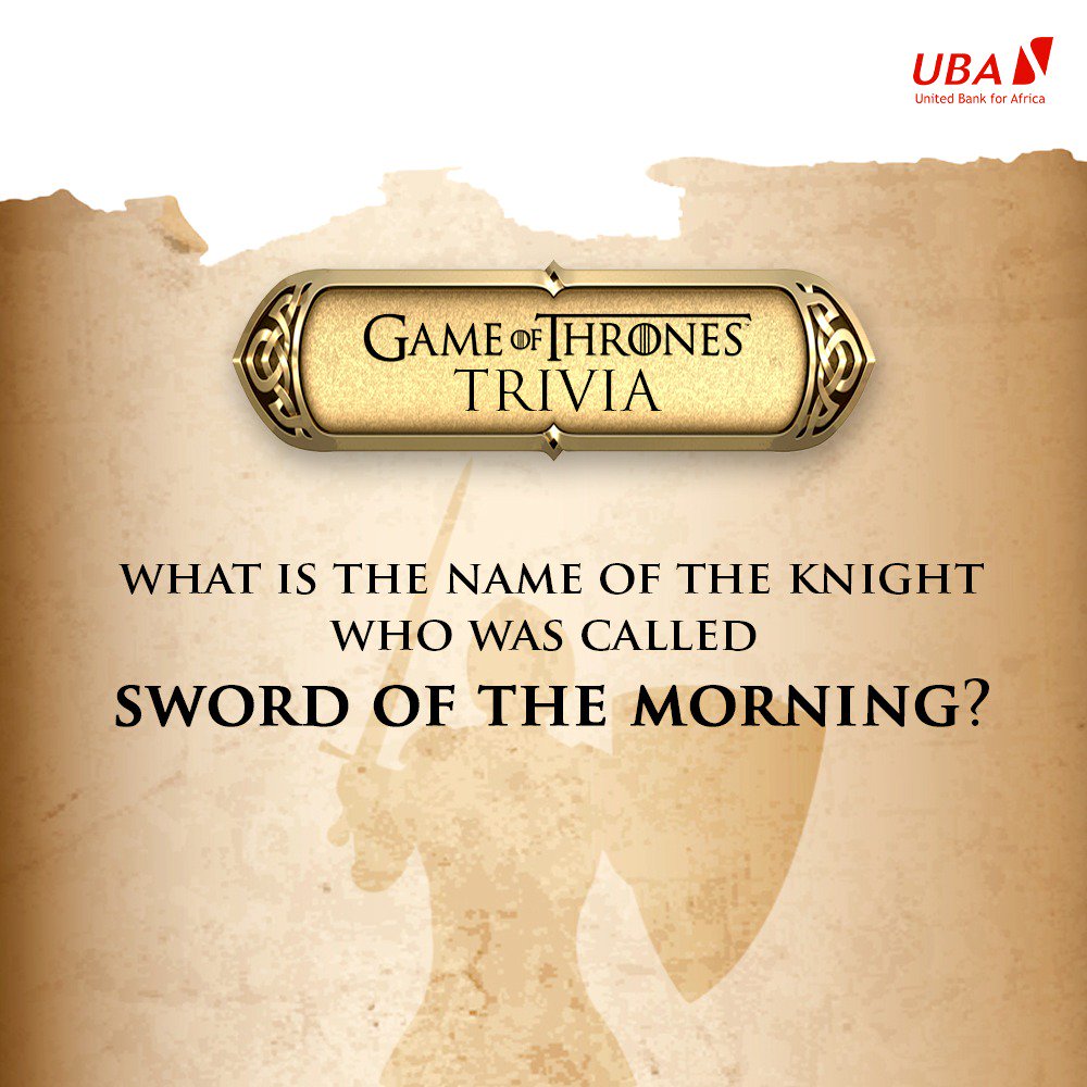 UBAGroup's tweet photo. Where are the #GOT fans? Let's get into it!
First 5 correct answers will win N1,000 worth of airtime. #AfricasGlobalBank #GameOfThronesTrivia #UBAGameOfThronesTrivia https://t.co/gZtfaNYXMA