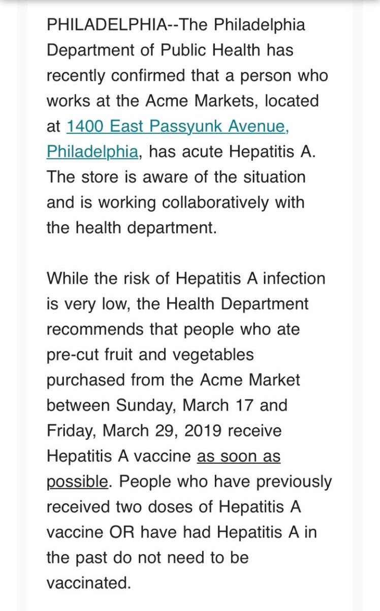 billy_penn's tweet photo. INBOX: The Philly Department of Health is warning South Philly ACME shoppers about potential Hepatitis A exposure from a store worker https://t.co/xbNFGoi8b1
