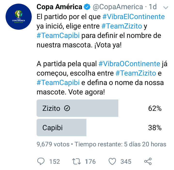 elmkdeportivo's tweet photo. Ayer fue presentada la mascota de la @CopaAmerica pero el día hoy los aficionados elegirán el nombre, entrando a twitter al perfil de Copa América donde podrán votar por Zizito o Capibi
#futbol #CopaAmerica #mascota #votacion #teamzizito #teamcapibi https://t.co/O6FNJGFVAY