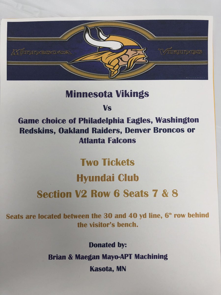 These VIKINGS TICKETS will be raffled off tonight. 

$10 for a chance to win. 

You can buy as many chances as you want, but we are only selling 100 chances so get there early!  

Doors open at 6:30 tonight!