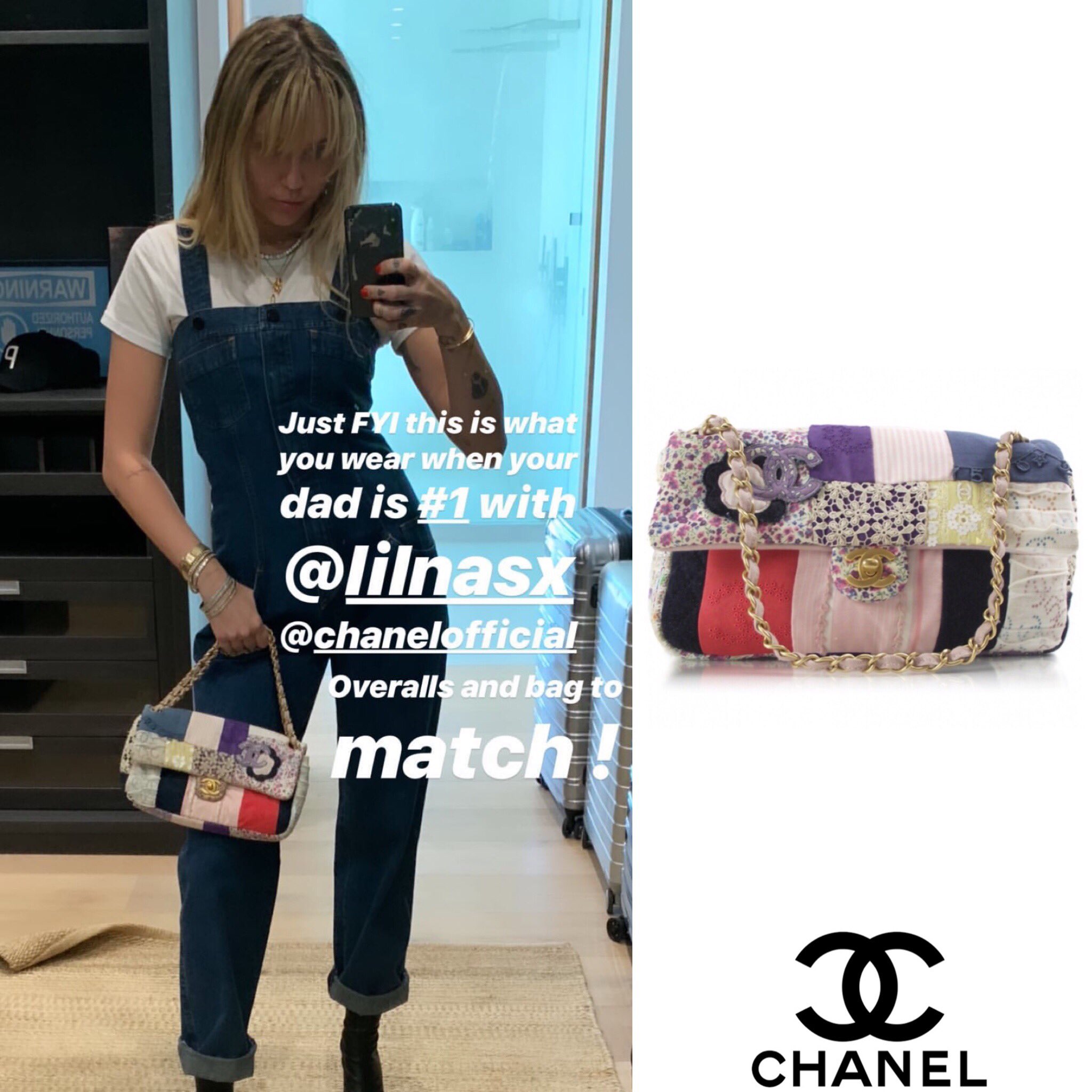 Miley Cyrus Fashion on X: {Style} @mileycyrus carried Chanel's Spring 2006  Limited Edition Handmade Multi-Color Patchwork Medium Flap Bag mixed with  lace, boucle, cotton eyelet and denim in her recent stories on