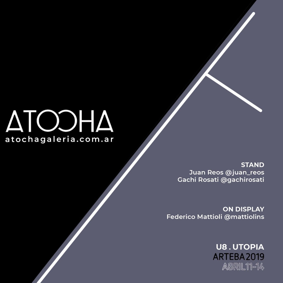 AtochaGaleria's tweet photo. Desde el jueves 11 hasta el domingo 14 estaremos en la sección UTOPIA de la Feria @arteBA con obras de @JuanReos Gachi Rosati y Federico Mattioli @MatteoLees . Los esperamos. https://t.co/Z2eO8TZZls