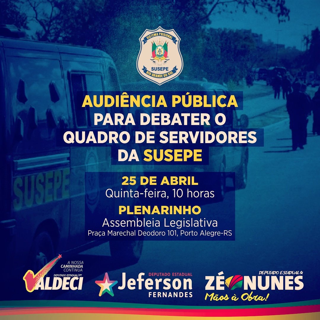 Valdeci13RS's tweet photo. MAIS AGENTES NOS PRESÍDIOS!
MAIS POLICIAIS NAS RUAS!

É c/ essas medidas que vai se aumentar a segurança no RS. Participe da audiência que vai debater esses temas dia 25, 10h, em P.Alegre.Ação conjunta d deputados @zenunes13 , @DepJeferson e @Valdeci13rs .

#SegurançaPública https://t.co/mNh9wRqxgK