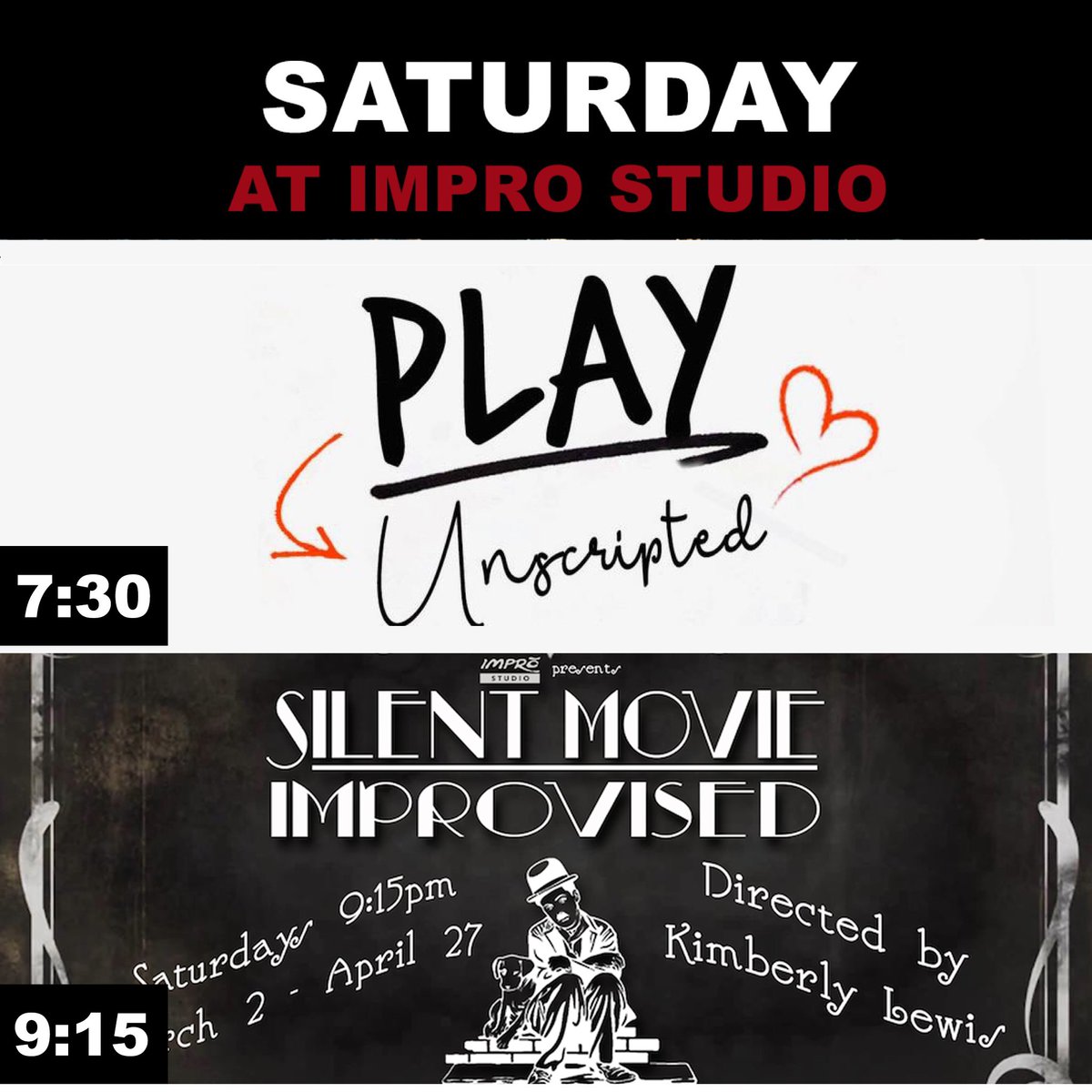 Saturday, April 6th at Impro Studio:
7:30PM - <a href="/improtheatre/">Impro Theatre</a>'s "Play UnScripted: Death &amp; Taxes"
9:15PM- "Silent Movie Improvised"

We'll see you at the Studio!
#Improv #Theatre #LosFeliz #Saturday