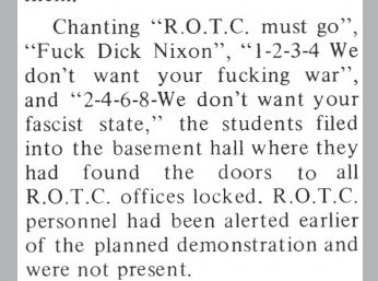 2/x On Tuesday May 5th 1970 students held a rally to protest against ROTC.300-400 students then marched to the Roberts Center (athletic arena) where the ROTC offices were held.(Imagine BC students chanting these things today…)