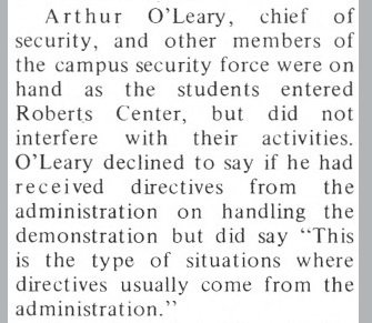 5/x Apparently the university security force was present but did not stop the students.The chief of security intimated the order not to intervene came from the administration.How would BC and BCPD react to this today! (hint NOT like this)