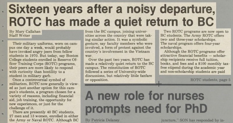 13/x But by 1986 the ROTC program was back on campus after partially returning in the previous few years.