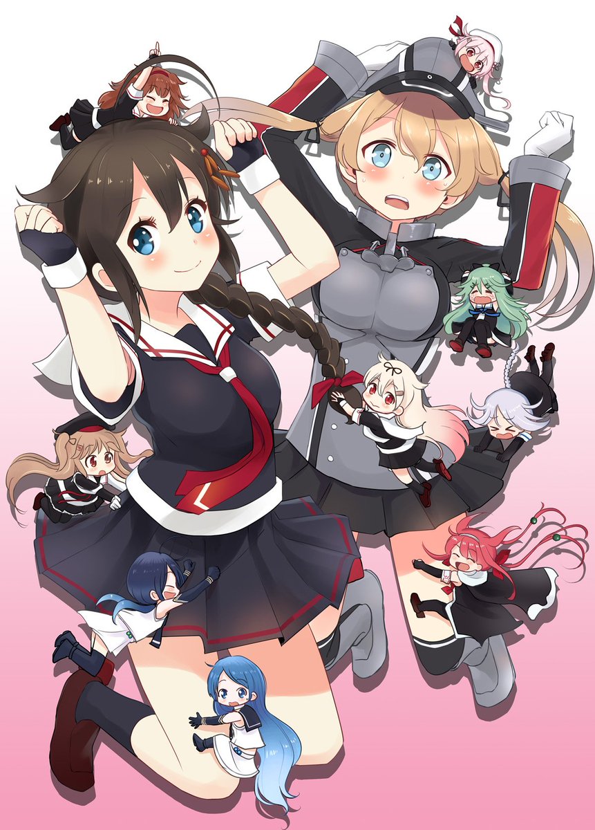 harusame (kancolle) ,kawakaze (kancolle) ,murasame (kancolle) ,murasame kai ni (kancolle) ,prinz eugen (kancolle) ,samidare (kancolle) ,shigure (kancolle) ,shiratsuyu (kancolle) ,suzukaze (kancolle) ,umikaze (kancolle) ,yamakaze (kancolle) ,yuudachi (kancolle) multiple girls long hair serafuku 6+girls blonde hair braid school uniform  illustration images