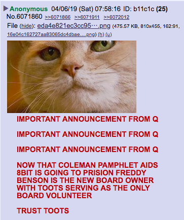 Following news that the board moderator of 8chan's /qresearch/ has stepped down and unconfirmed rumours that Coleman Rogers (owner of the QAnon livestream Patriots Soapbox) is facing legal problems, Freddy Benson returns to troll the QAnon "researchers."