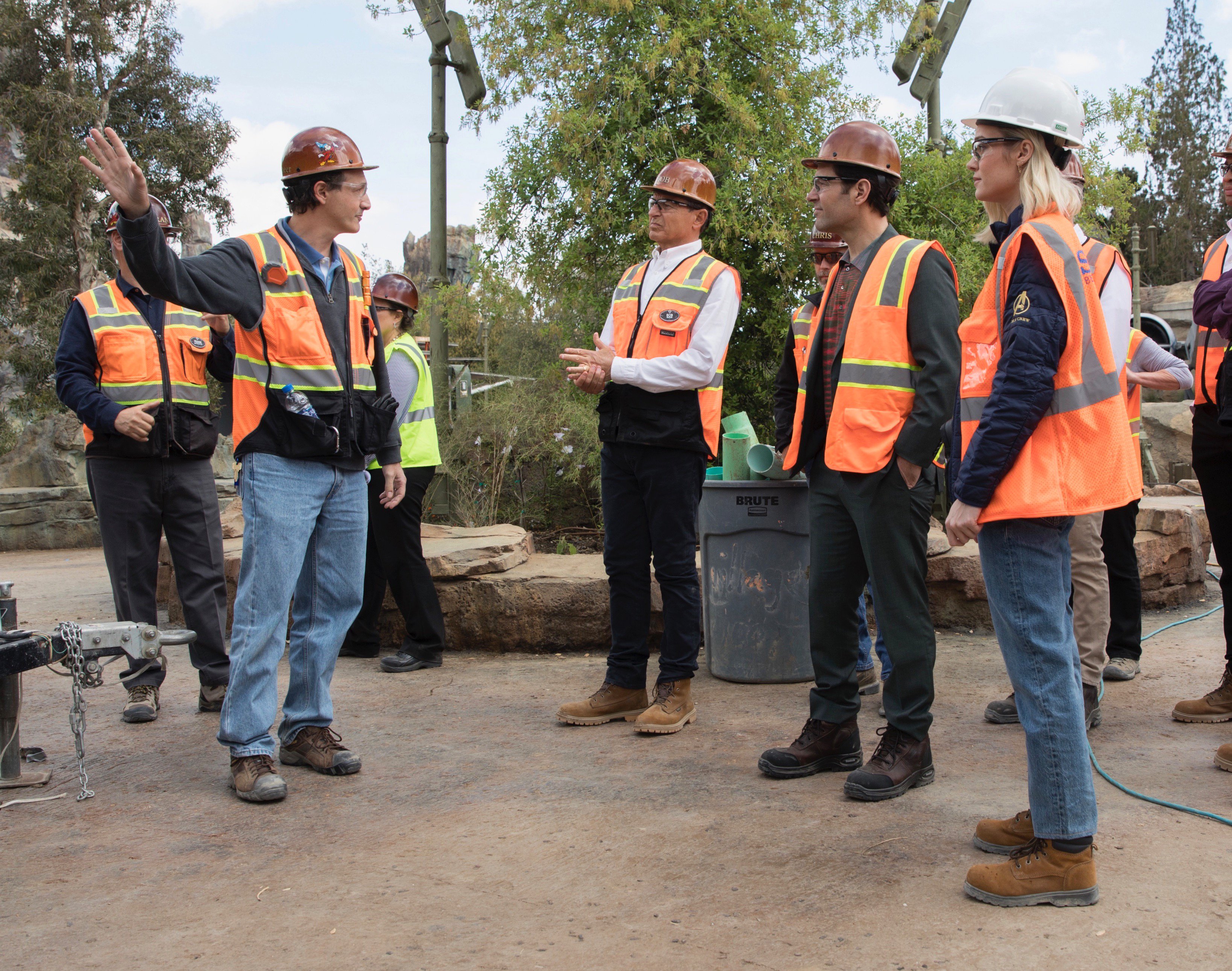 Bob Iger with actors Paul Rudd and Brie Larson at Star Wars Galaxy's Edge at Disneyland