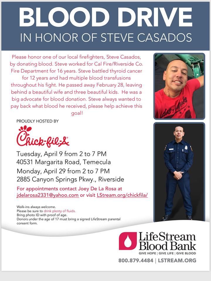 engineco16's tweet image. Blood Drive in the honor of fallen Cal Fire Firefighter Steve Casados.  @CALFIRERRU
