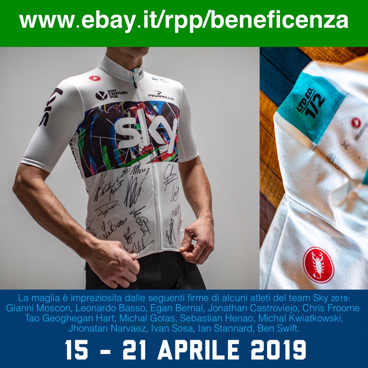 La maglia che verrà messa all’asta con certificato di autenticità, è la numero 1/2 mentre la numero 2/2 risulterà  gelosamente custodita dall’azienda CASTELLI-cycling
#giannimoscon #ilsognodidavide #melamangoonlus #regalaunsogno #kenya #castellicycling #kask #pinarello #teamsky
