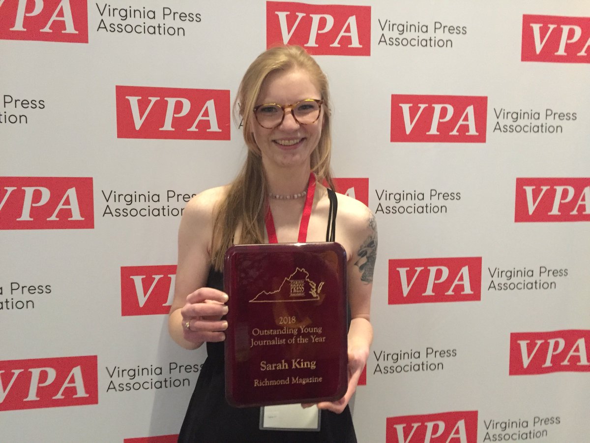 This year’s Young Journalist of the Year is <a href="/SarahKing__/">Sarah King</a> , news writer for <a href="/RichmondMag/">Richmond magazine</a>. #VPA2019