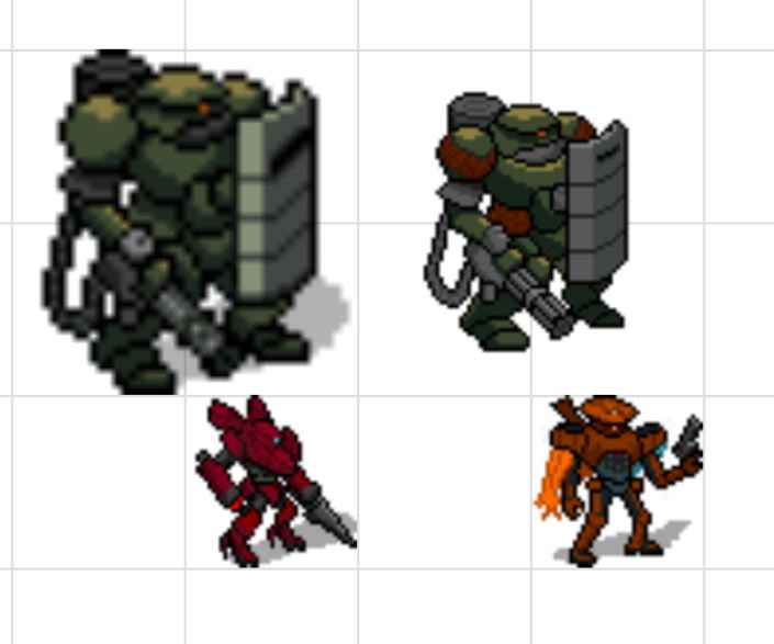 Took a brief break from workin on these while I reconsidered how I do size 2/3 mechs. The Drake on the left is the original 44x44 sprite blown up to size 2 on roll20, and the one on the right is the new 66x66 sprite on a 88x88 canvas.