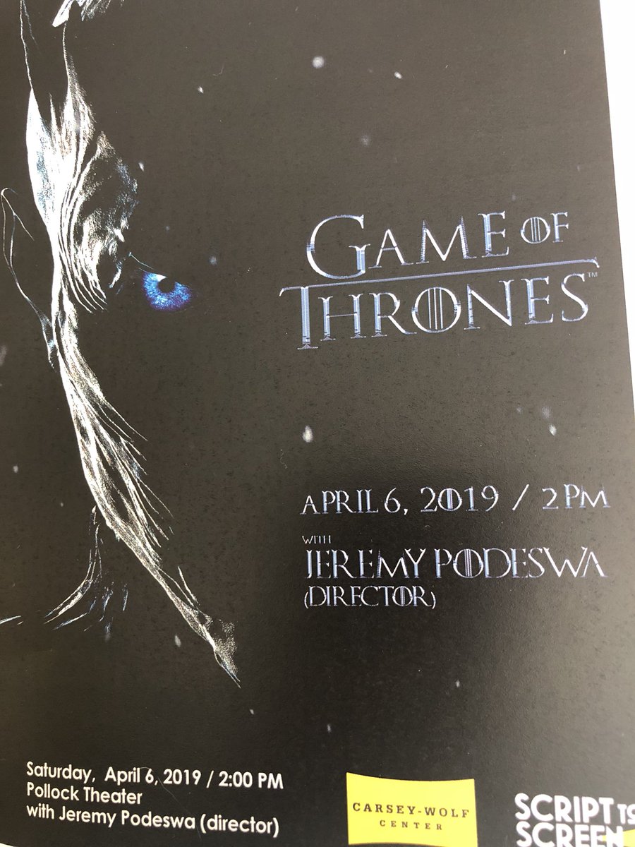JFay2015's tweet photo. Cast reunion in a dragon pit, Theon’s redemption, Littlefinger’s demise, fall of the wall. Loved learning details about filming of season 7 finale from director Jeremy Podeswa, w/ screening and Q and A. Ready for #season8! Thank you @ucsantabarbara #Pollocktheater #GameofThrones https://t.co/IhoILX6UV5