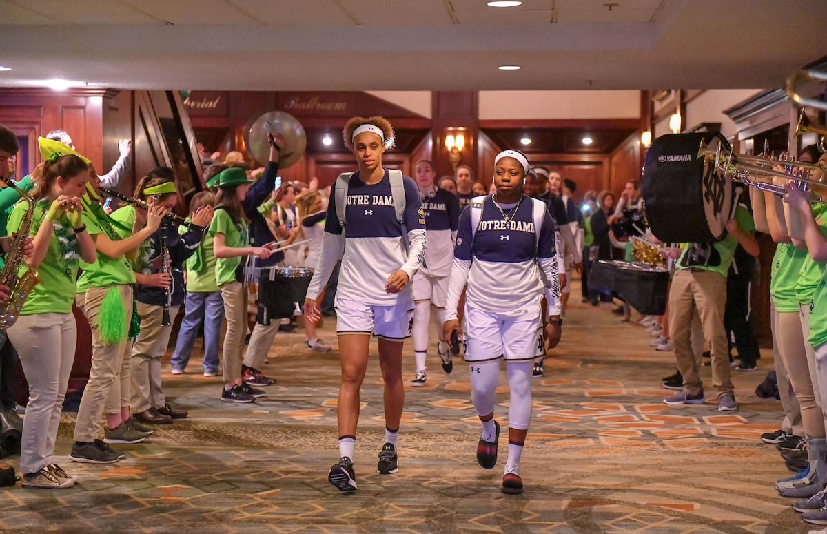 ndwbb's tweet photo. SENDOFF

Be there as @NDtheLeprechaun, the @NotreDameBand, and the @NDCheerTeam help send us off to the NATIONAL TITLE GAME vs. Baylor. ☘️ 

📍 Renaissance Tampa
⏰ 3:45 p.m. ET

#WFinalFour #GoIrish https://t.co/Pxz5KzFvRn