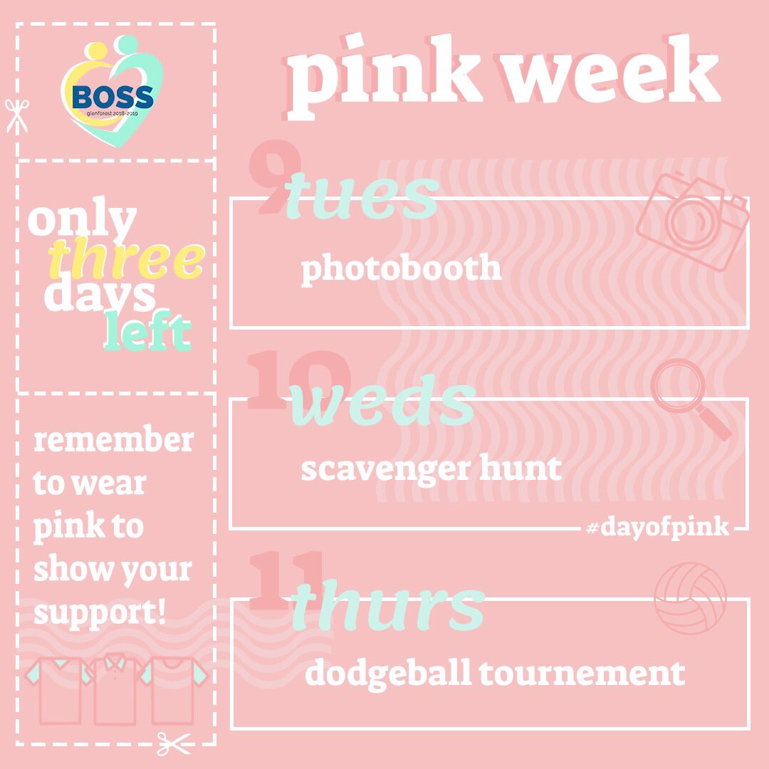 BOSSGlenforest's tweet photo. BOSS is excited to announce the line-up of events we have for Pink Week! We will starting off with a photobooth in the caf and a note mural in the front foyer. On Wednesday we will be hosting a scavenger hunt and on the final day we will be hosting a dodgeball event in Gym A/B! https://t.co/WnyEXMO14m