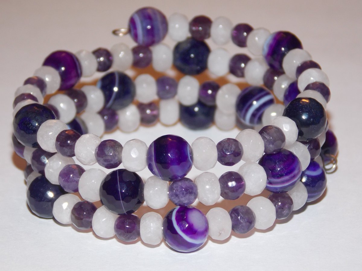 Purple Line Agate Amethyst Gemstone White Agate Memory Wire Wrap Bracelet etsy.me/2Fo8Wxh #Etsy #EriniJewel #PurpleAgate