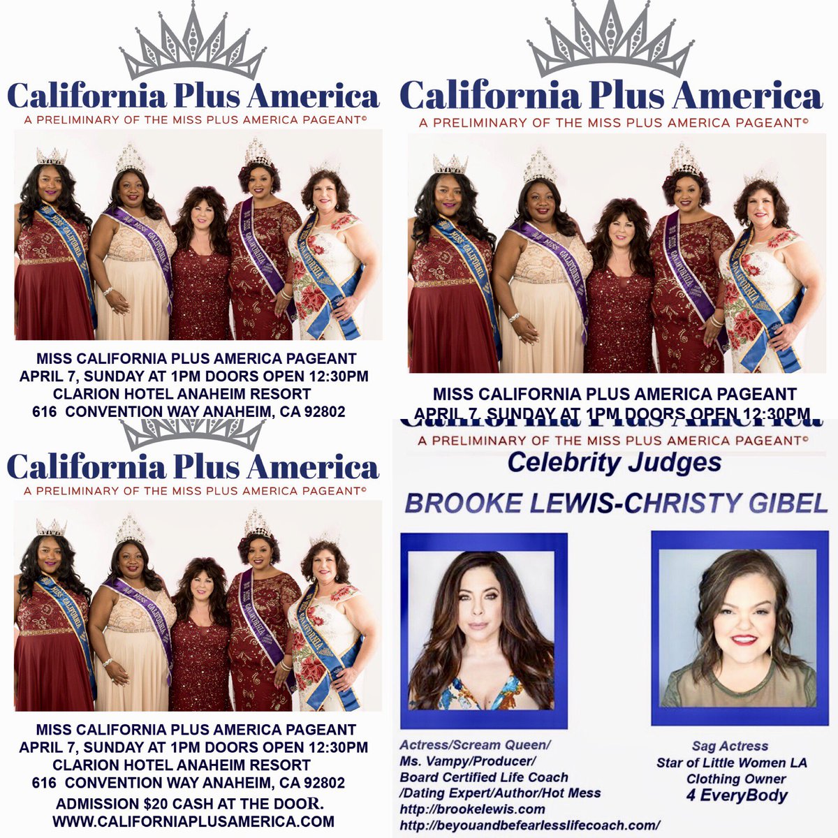 BrookeLewisLA's tweet photo. .@cherrue3 ❤️ @lilchristyrocks @LittleWomenLA @lifetimetv #celebrity #judges 2019 #CaliforniaPlusAmerica #Pageant 👑 #Anaheim #OrangeCounty @ClarionHotel April 7 12:30PM #PlusSize #Beauty #PlusSizeFashion #Curves #WomenEmpowerment Who will we see TOMORROW?👑🏆💋 https://t.co/lI0ii2Kh63