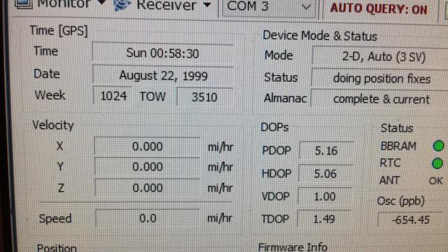 tekvax's tweet photo. #gpsweekrollover #GPS #gps897 #WNRO #GPS1024
My very old and trusted Trimble TSIP thinks it is August 22, 1999! 
Thanks GPS WNRO! https://t.co/zqKv2K5kPE